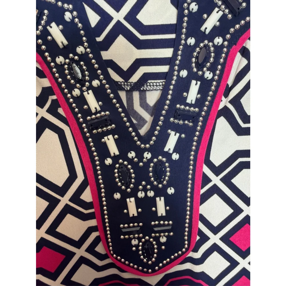 Women’s Geometric Print Beaded Tunic Large JM Collectibles Workwear Resort Style - Picture 3 of 5